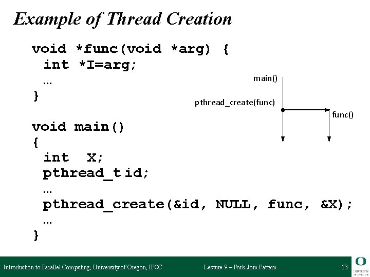 Example of Thread Creation void *func(void *arg) { int *I=arg; main() … } pthread_create(func)