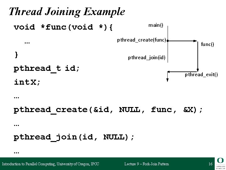 Thread Joining Example main() void *func(void *){ … } pthread_create(func) func() pthread_join(id) pthread_t id;