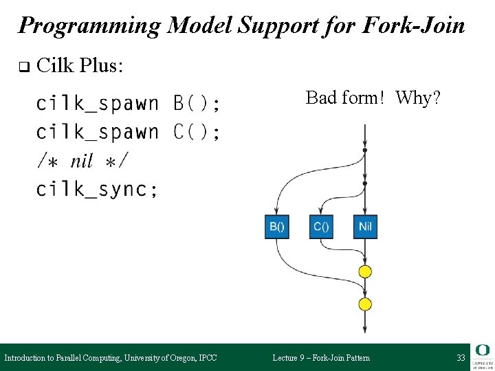 Programming Model Support for Fork-Join q Cilk Plus: Bad form! Why? Introduction to Parallel