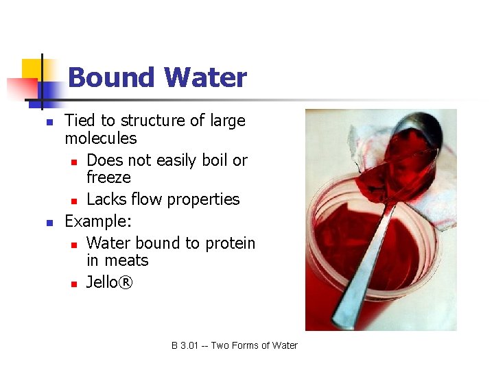 Bound Water n n Tied to structure of large molecules n Does not easily