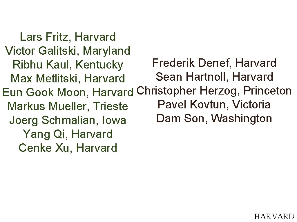 Lars Fritz, Harvard Victor Galitski, Maryland Frederik Denef, Harvard Ribhu Kaul, Kentucky Sean Hartnoll, Lars Fritz, Harvard Victor Galitski, Maryland Frederik Denef, Harvard Ribhu Kaul, Kentucky Sean Hartnoll,