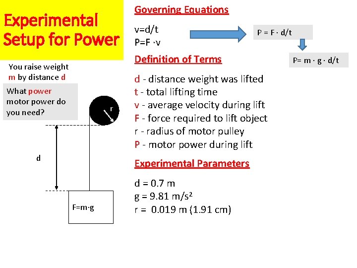 Experimental Setup for Power Governing Equations v=d/t P=F ·v P = F · d/t