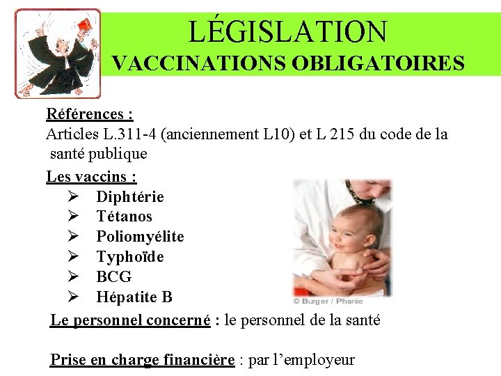 LÉGISLATION VACCINATIONS OBLIGATOIRES Références : Articles L. 311 -4 (anciennement L 10) et L