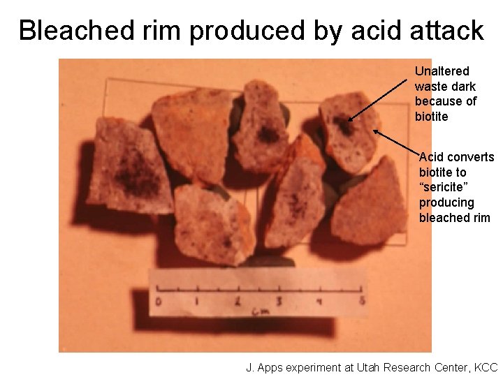 Bleached rim produced by acid attack Unaltered waste dark because of biotite Acid converts