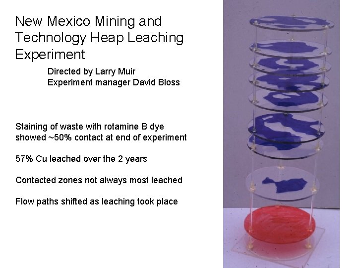 New Mexico Mining and Technology Heap Leaching Experiment Directed by Larry Muir Experiment manager