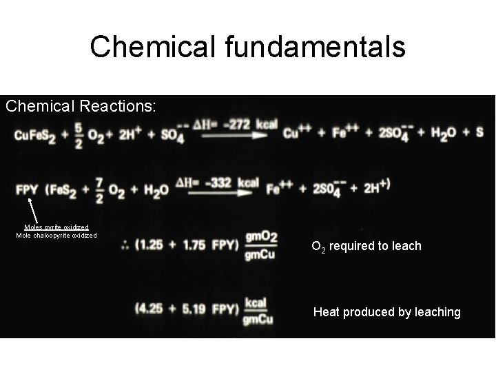 Chemical fundamentals Chemical Reactions: Moles pyrite oxidized Mole chalcopyrite oxidized O 2 required to