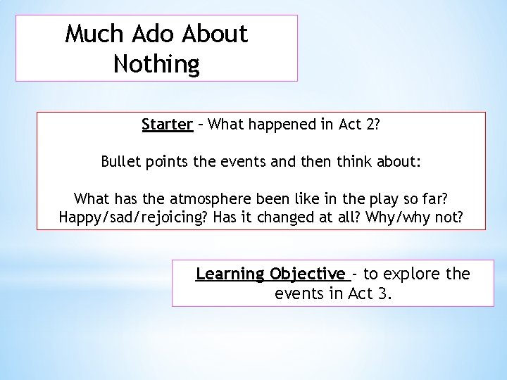 Much Ado About Nothing Starter – What happened in Act 2? Bullet points the