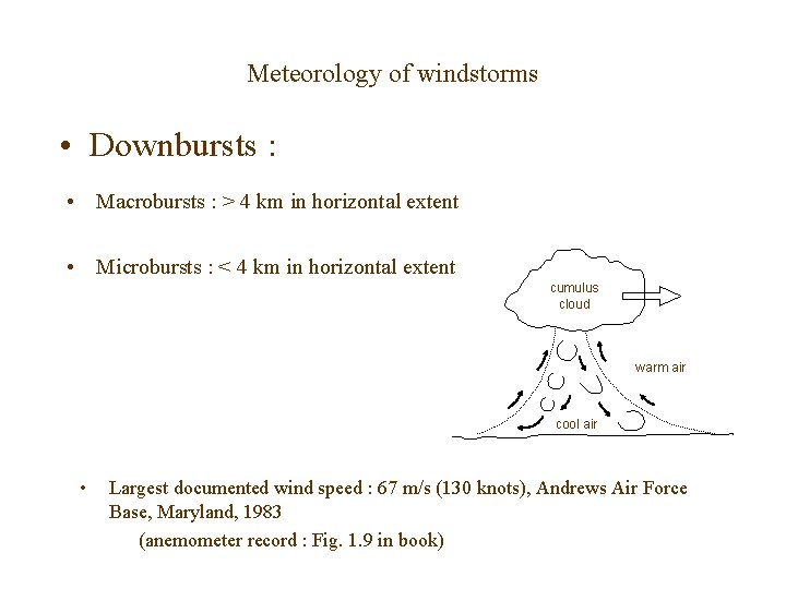 Meteorology of windstorms • Downbursts : • Macrobursts : > 4 km in horizontal