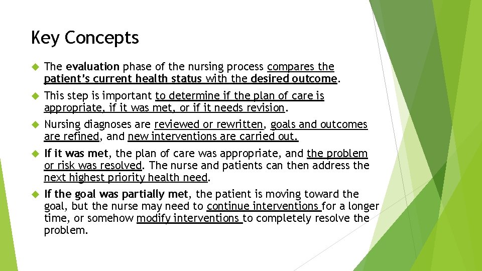 Key Concepts The evaluation phase of the nursing process compares the patient’s current health