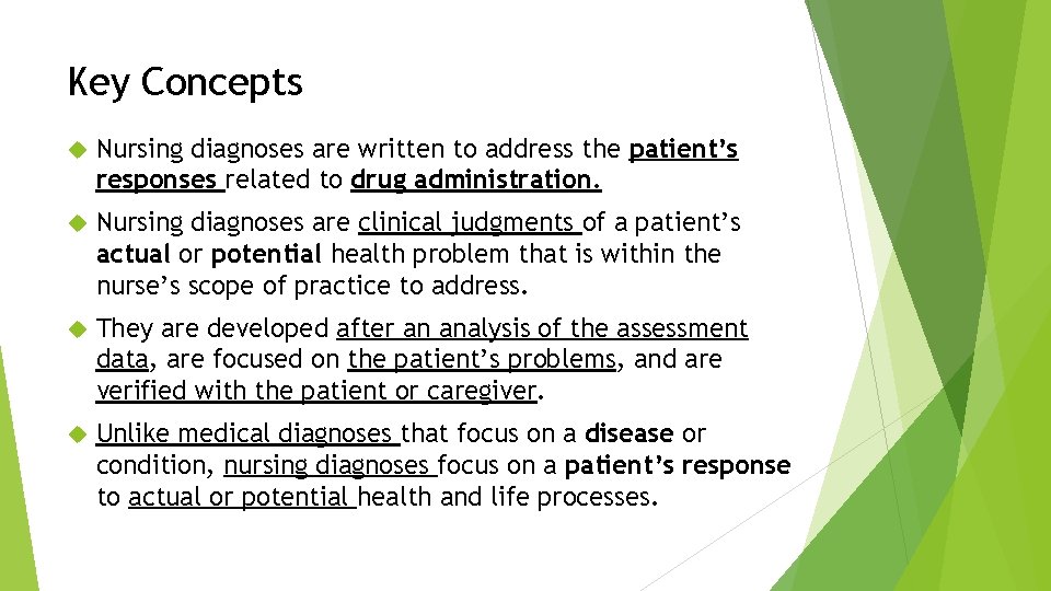 Key Concepts Nursing diagnoses are written to address the patient’s responses related to drug