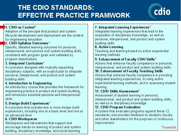 THE CDIO STANDARDS: EFFECTIVE PRACTICE FRAMWORK 1. CDIO as Context * Adoption of the