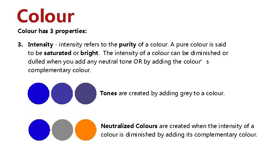 Colour has 3 properties: 3. Intensity - intensity refers to the purity of a