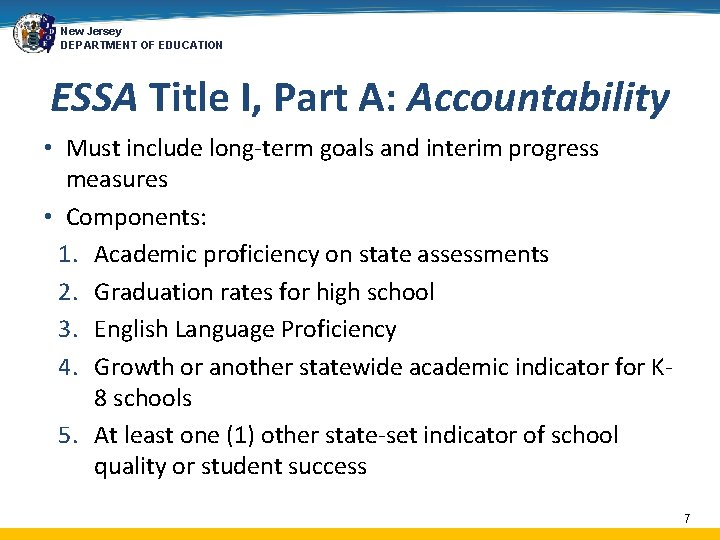 New Jersey DEPARTMENT OF EDUCATION ESSA Title I, Part A: Accountability • Must include