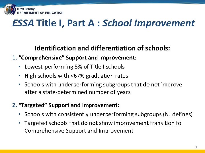 New Jersey DEPARTMENT OF EDUCATION ESSA Title I, Part A : School Improvement Identification