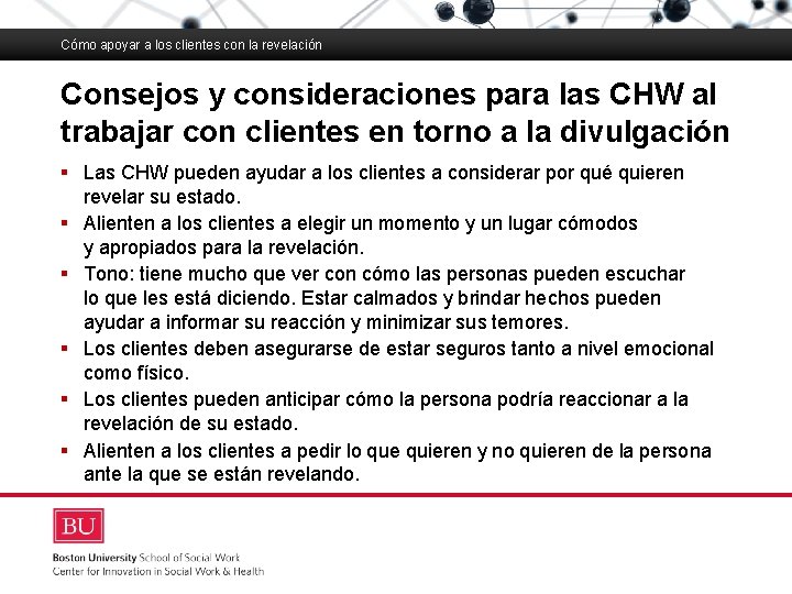 Cómo apoyar a los clientes con la revelación Consejos y consideraciones para las CHW