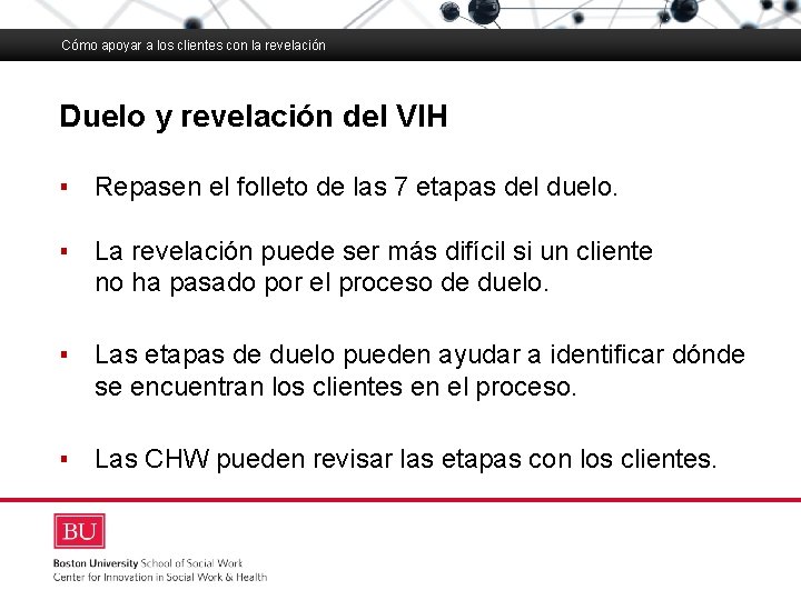 Cómo apoyar a los clientes con la revelación Duelo y revelación del VIH Cómo