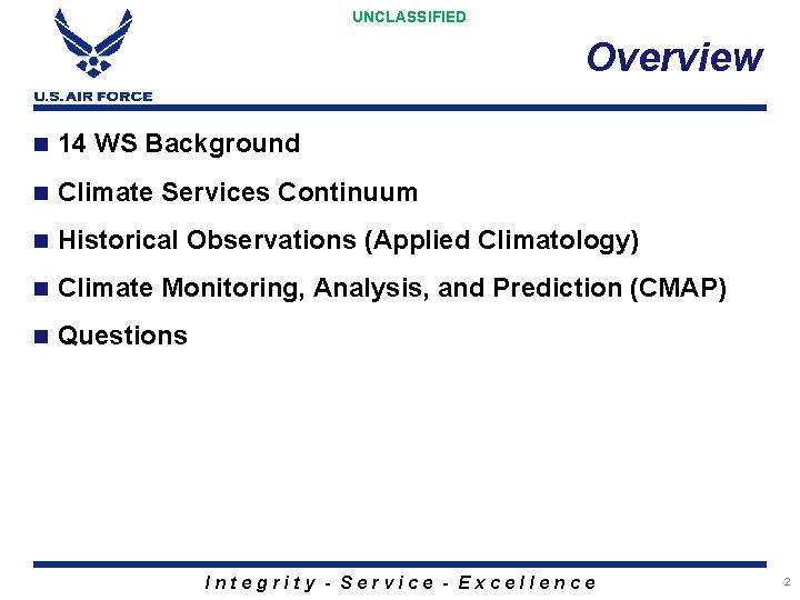 UNCLASSIFIED Overview n 14 WS Background n Climate Services Continuum n Historical Observations (Applied
