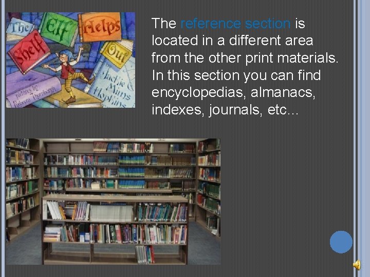 The reference section is located in a different area from the other print materials.