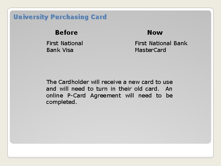 University Purchasing Card Before First National Bank Visa Now First National Bank Master. Card