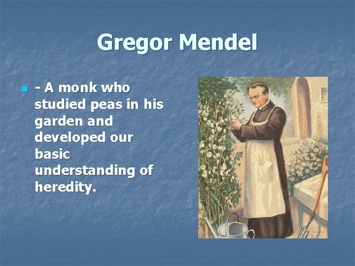 Gregor Mendel n - A monk who studied peas in his garden and developed