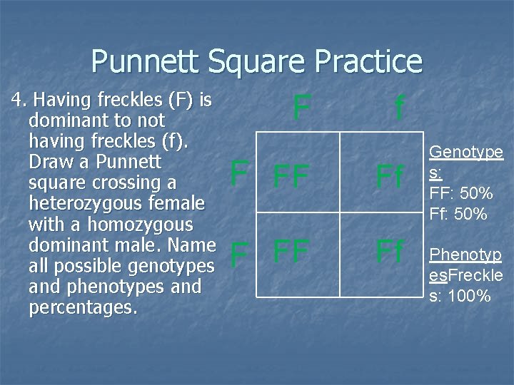 Punnett Square Practice 4. Having freckles (F) is dominant to not having freckles (f).
