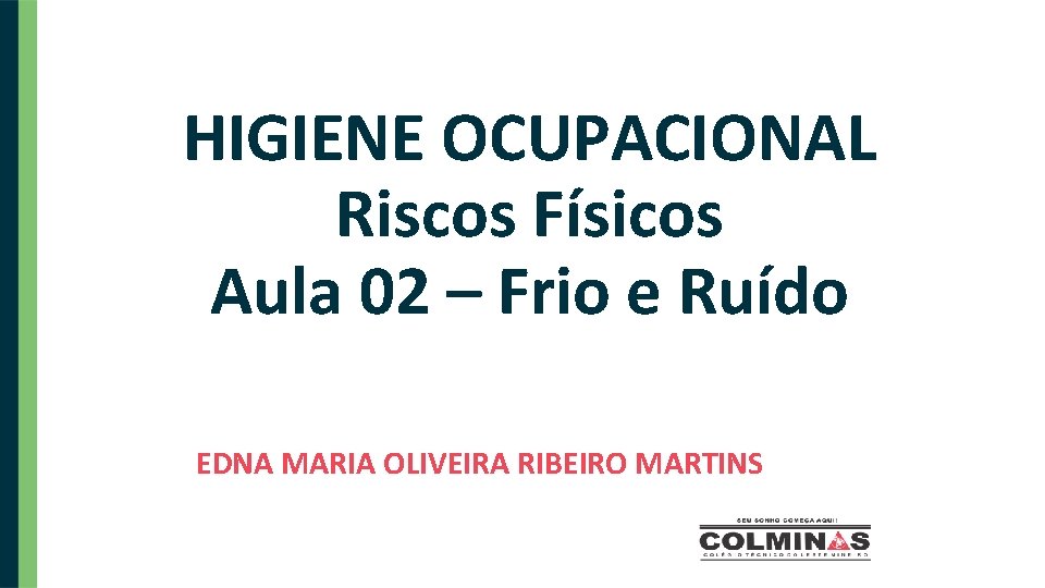 HIGIENE OCUPACIONAL Riscos Físicos Aula 02 – Frio e Ruído EDNA MARIA OLIVEIRA RIBEIRO