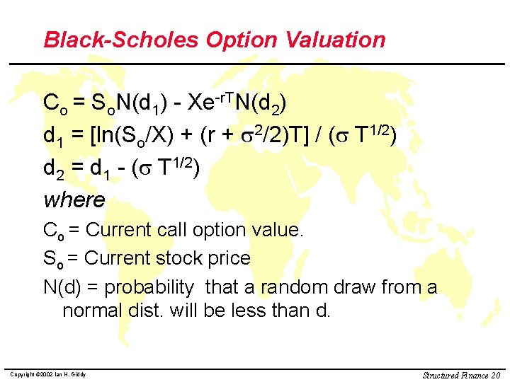 Black-Scholes Option Valuation Co = So. N(d 1) - Xe-r. TN(d 2) d 1