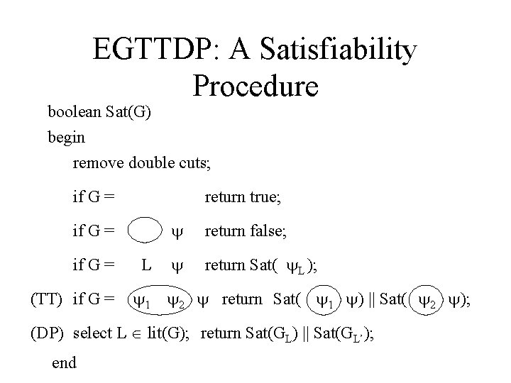 EGTTDP: A Satisfiability Procedure boolean Sat(G) begin remove double cuts; if G = return