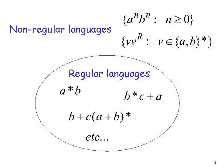 Non-regular languages Regular languages 2 