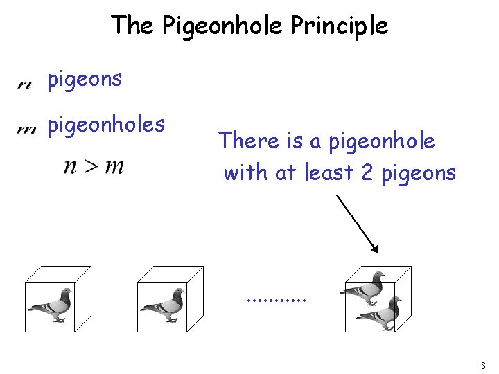 The Pigeonhole Principle pigeons pigeonholes There is a pigeonhole with at least 2 pigeons