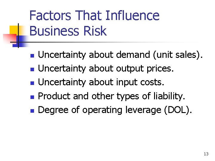 Factors That Influence Business Risk n n n Uncertainty about demand (unit sales). Uncertainty