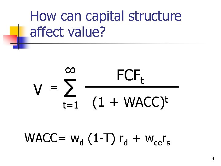 How can capital structure affect value? ∞ V = ∑ t=1 FCFt (1 +
