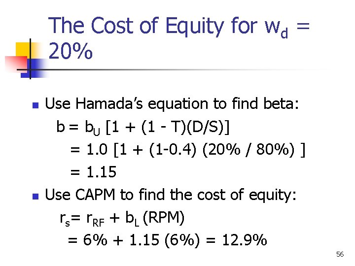 The Cost of Equity for wd = 20% n n Use Hamada’s equation to