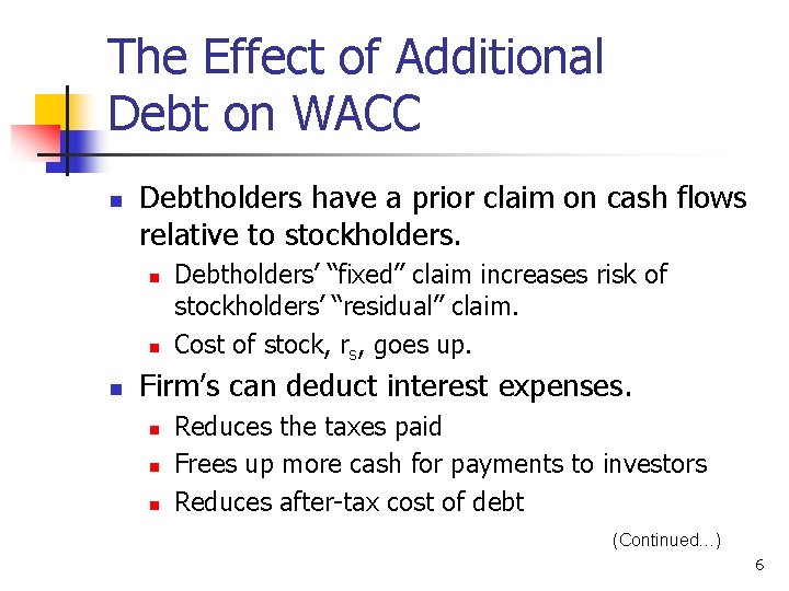 The Effect of Additional Debt on WACC n Debtholders have a prior claim on