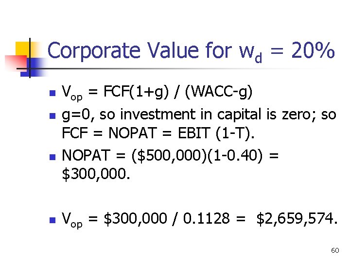 Corporate Value for wd = 20% n n Vop = FCF(1+g) / (WACC-g) g=0,