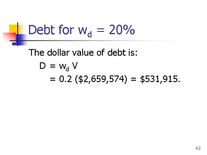 Debt for wd = 20% The dollar value of debt is: D = wd