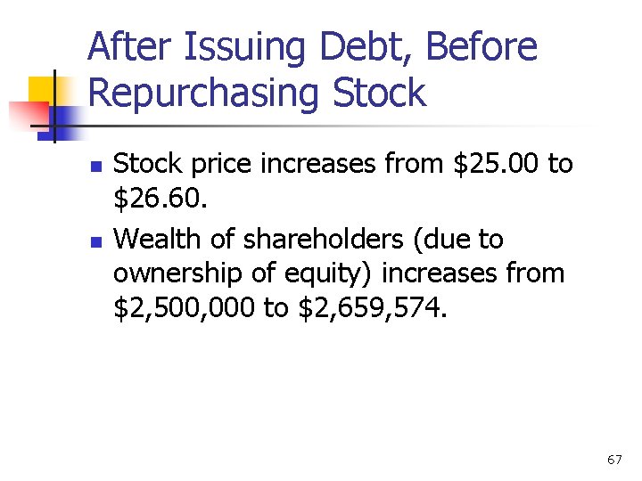After Issuing Debt, Before Repurchasing Stock n n Stock price increases from $25. 00