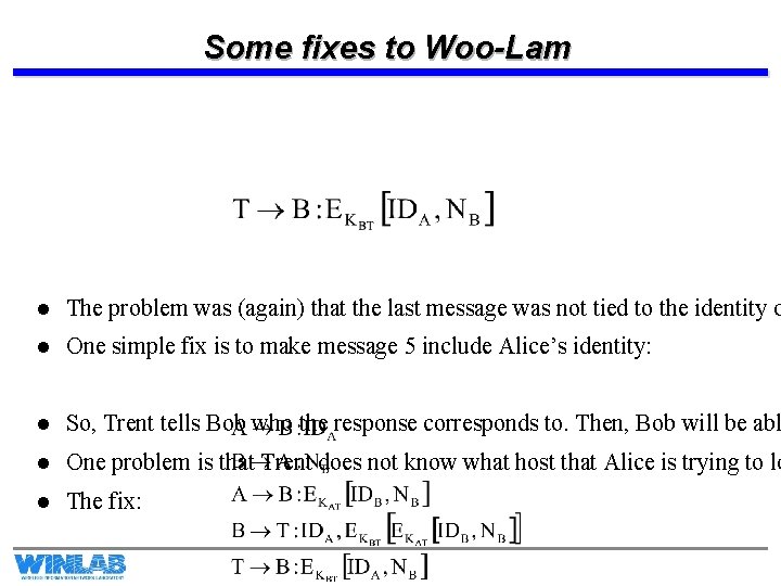 Some fixes to Woo-Lam l The problem was (again) that the last message was