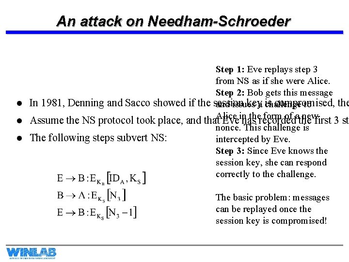 An attack on Needham-Schroeder Step 1: Eve replays step 3 from NS as if
