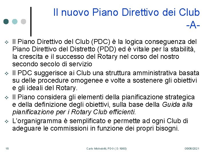 Il nuovo Piano Direttivo dei Club -Av v 16 Il Piano Direttivo del Club