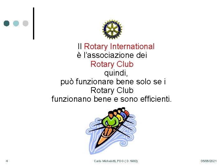 Premessa Il Rotary International è l’associazione dei Rotary Club quindi, può funzionare bene solo