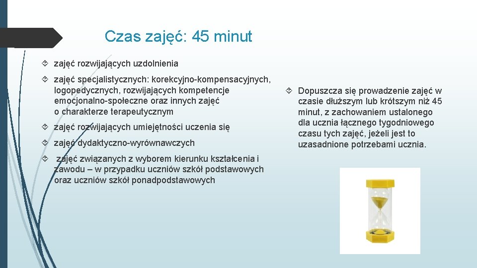 Czas zajęć: 45 minut zajęć rozwijających uzdolnienia zajęć specjalistycznych: korekcyjno-kompensacyjnych, logopedycznych, rozwijających kompetencje emocjonalno-społeczne