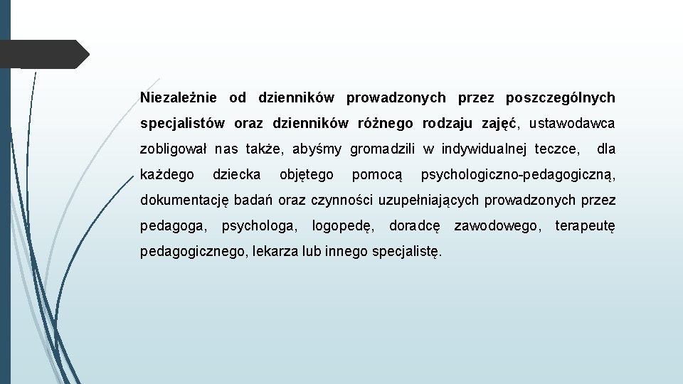 Niezależnie od dzienników prowadzonych przez poszczególnych specjalistów oraz dzienników różnego rodzaju zajęć, ustawodawca zobligował