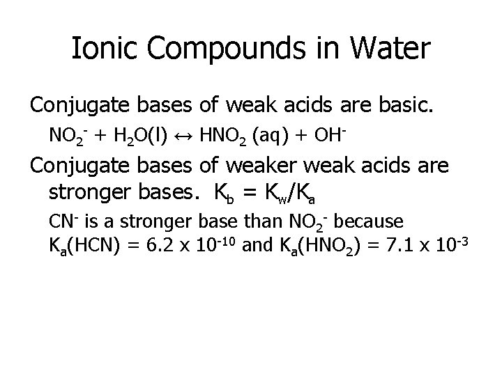 Ionic Compounds in Water Conjugate bases of weak acids are basic. NO 2 -