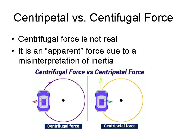 Centripetal vs. Centifugal Force • Centrifugal force is not real • It is an