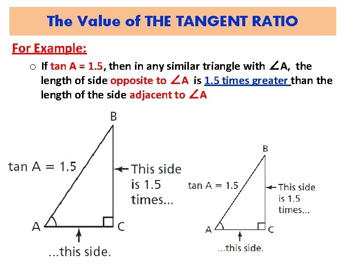 The Value of THE TANGENT RATIO For Example: o If tan A = 1.