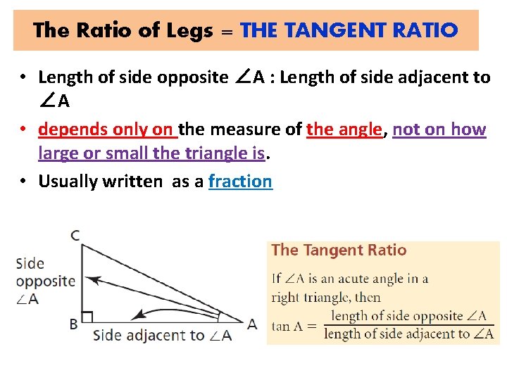 The Ratio of Legs = THE TANGENT RATIO • Length of side opposite ∠A