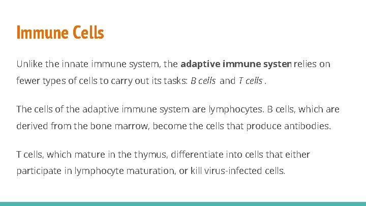 Immune Cells Unlike the innate immune system, the adaptive immune systemrelies on fewer types