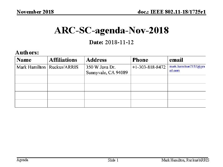 November 2018 doc. : IEEE 802. 11 -18/1725 r 1 ARC-SC-agenda-Nov-2018 Date: 2018 -11