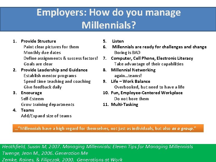 Employers: How do you manage Millennials? 1. Provide Structure Paint clear pictures for them